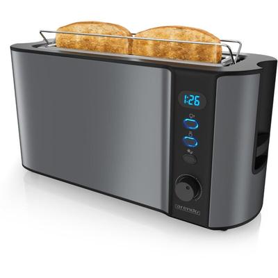 Toaster Langschlitz für 2 Scheiben, 1000 w, Brötchenaufsatz, Wärmeisoliert, Display, grau - Arendo