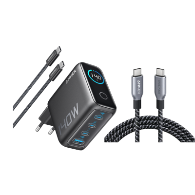 Anker Ladegerät (140W, 4-Port, PD 3.1) mit USB-C Kabel+Anker Prime USB-C auf USB-C Kabel (240W, Upcycled-Flechtdesign, 1.8m)