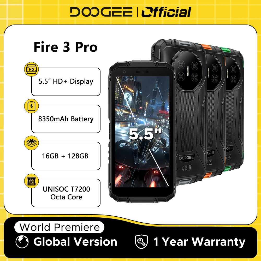 Globale Version DOOGEE Fire 3 Pro Robustes Telefon 16 GB 128 GB 5,5 Zoll HD+ Display 8350 mAh Akku UNISOC T7200 16 MP + 8 MP NFC Android 15 Image