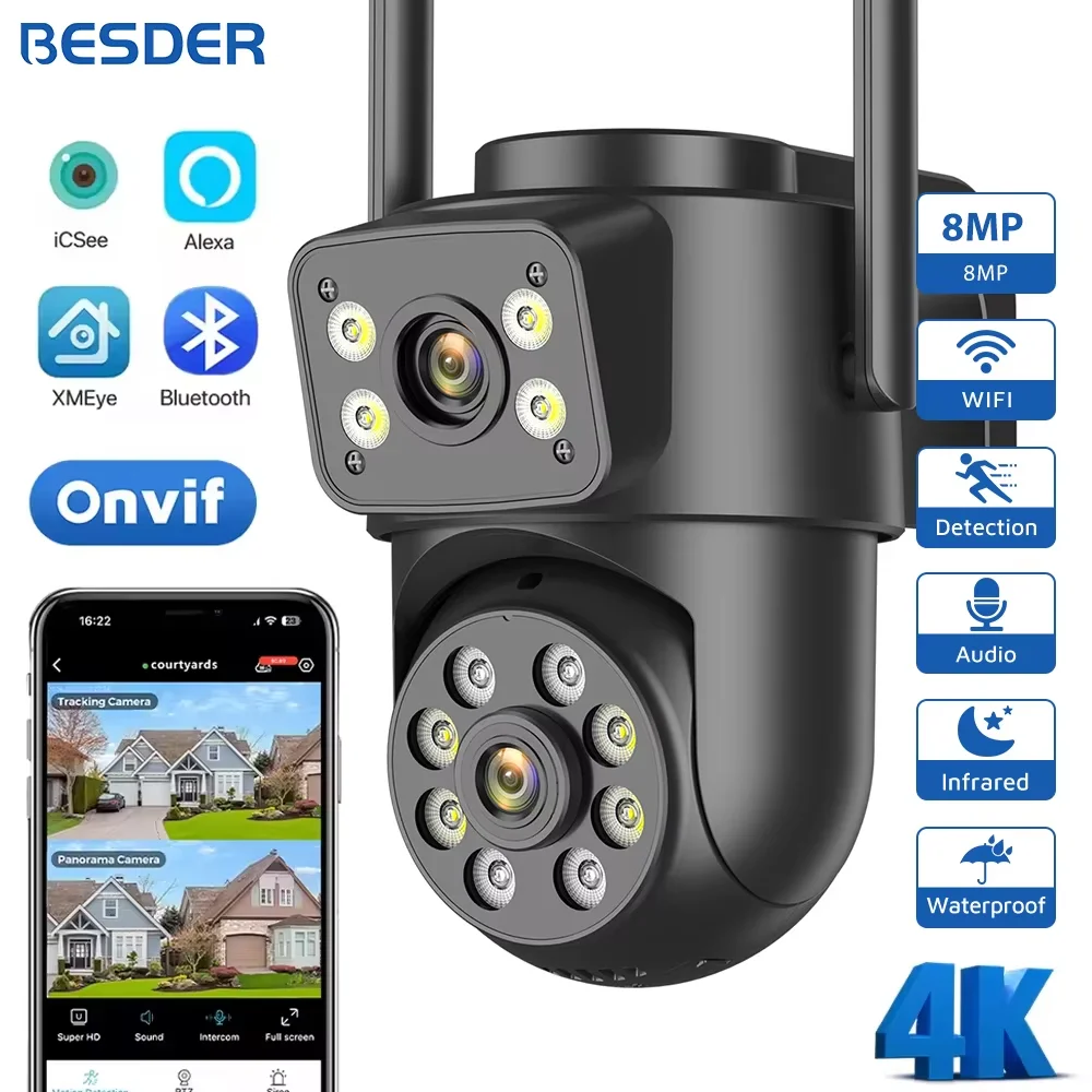 BESDER 8MP IP Kamera PTZ Auto Tracking Nachtsicht Outdoor Sicherheit Schutz Wifi CCTV Überwachungs Kamera Dual Bildschirme iCSee Image