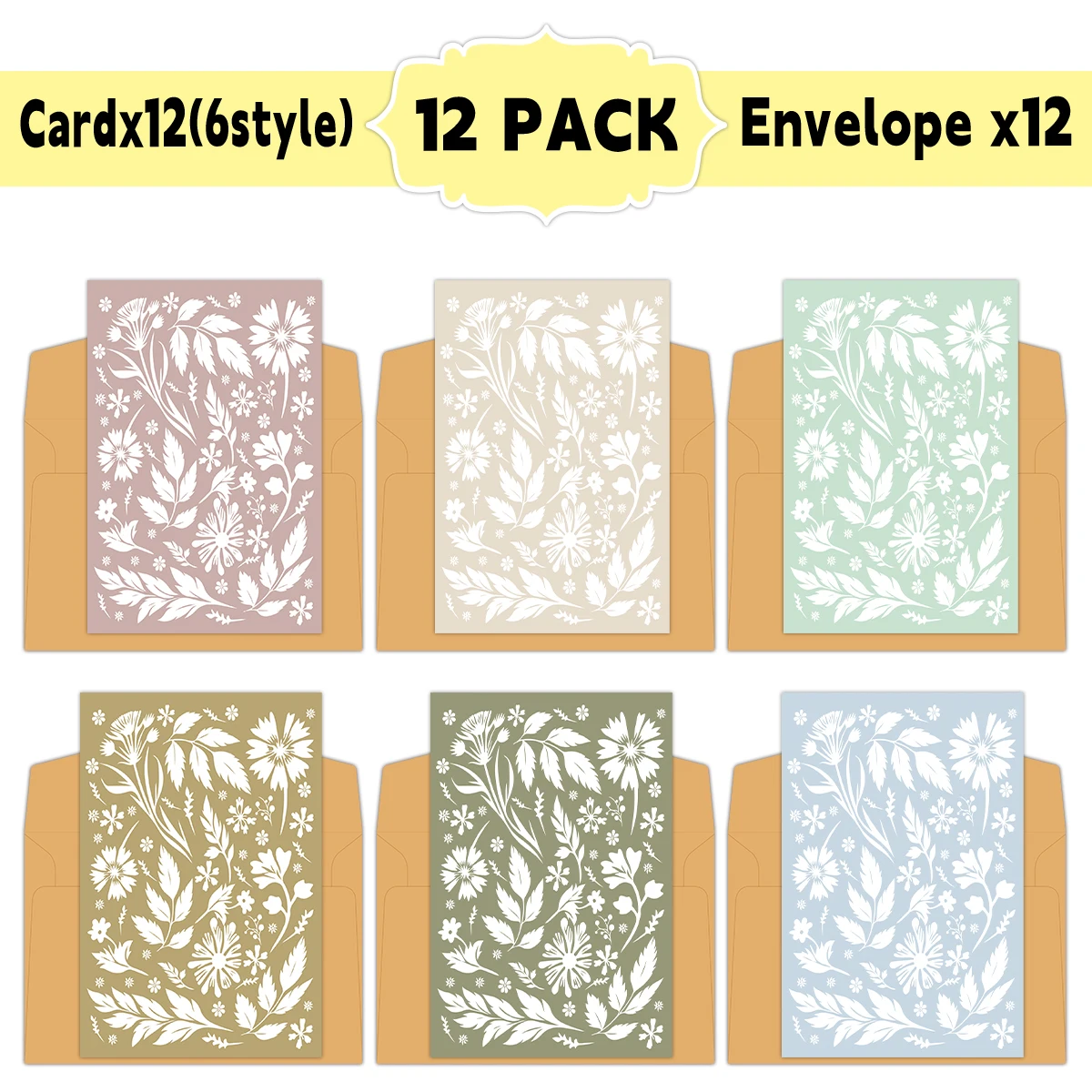 12 Stück einfache Scrapbook-Grußkarten mit Blumenmuster und Umschlägen für Hochzeiten, Valentinstag, Geburtstag, Feiertagsfeier Image