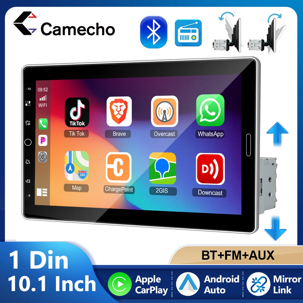 Camecho 1Din Radio 10,1'' HD Drehbildschirm Autoradio Bluetooth FM Radio Kabelgebundenes Carplay / Android Auto 1 Din Multimedia Player Image