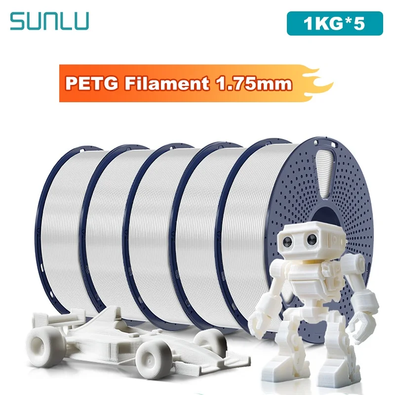 SUNLU 5 kg PETG/klares 3D-Drucker-Filament, 1,75 mm, 1000 g Spule (2,2 lbs), ordentlich angeordnet, kein Knoten-Filament, passend für die meisten FDM-Drucker Image
