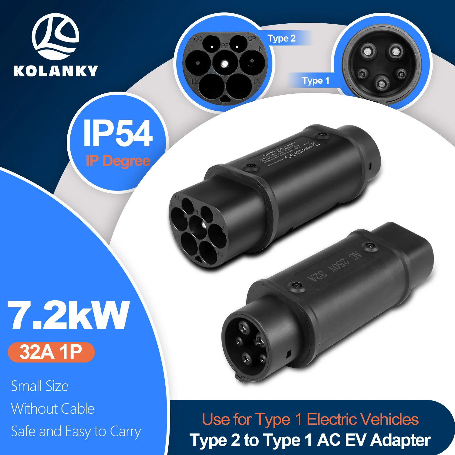 Kolanky IP54 Elektrofahrzeug-Ladegerät-Anschluss, 7,2 kW, 32 A, 1P, Typ 2, Ladegerät auf J1772, EV-Auto-Buchse, Typ 2 auf Typ 1 EV-Adapter Image