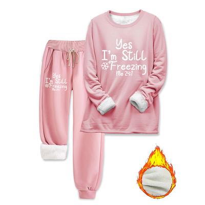 Women's Pajamas Set Fleece Lined 2 Pieces Sweatshirt Tracksuits Warm Comfort Soft Pullover Long Sleeve Long Pant Crew Neck Letter Elastic Waist Home Daily Bed Dark Pink Blue Gray Fall