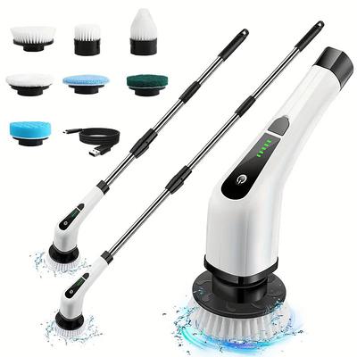 Electric Rotating Brush Shower Cleaning Brush with 7 Replaceable Brush Heads and Detachable Long Handle Cordless Electric Brush Suitable for Bathtub Tiles