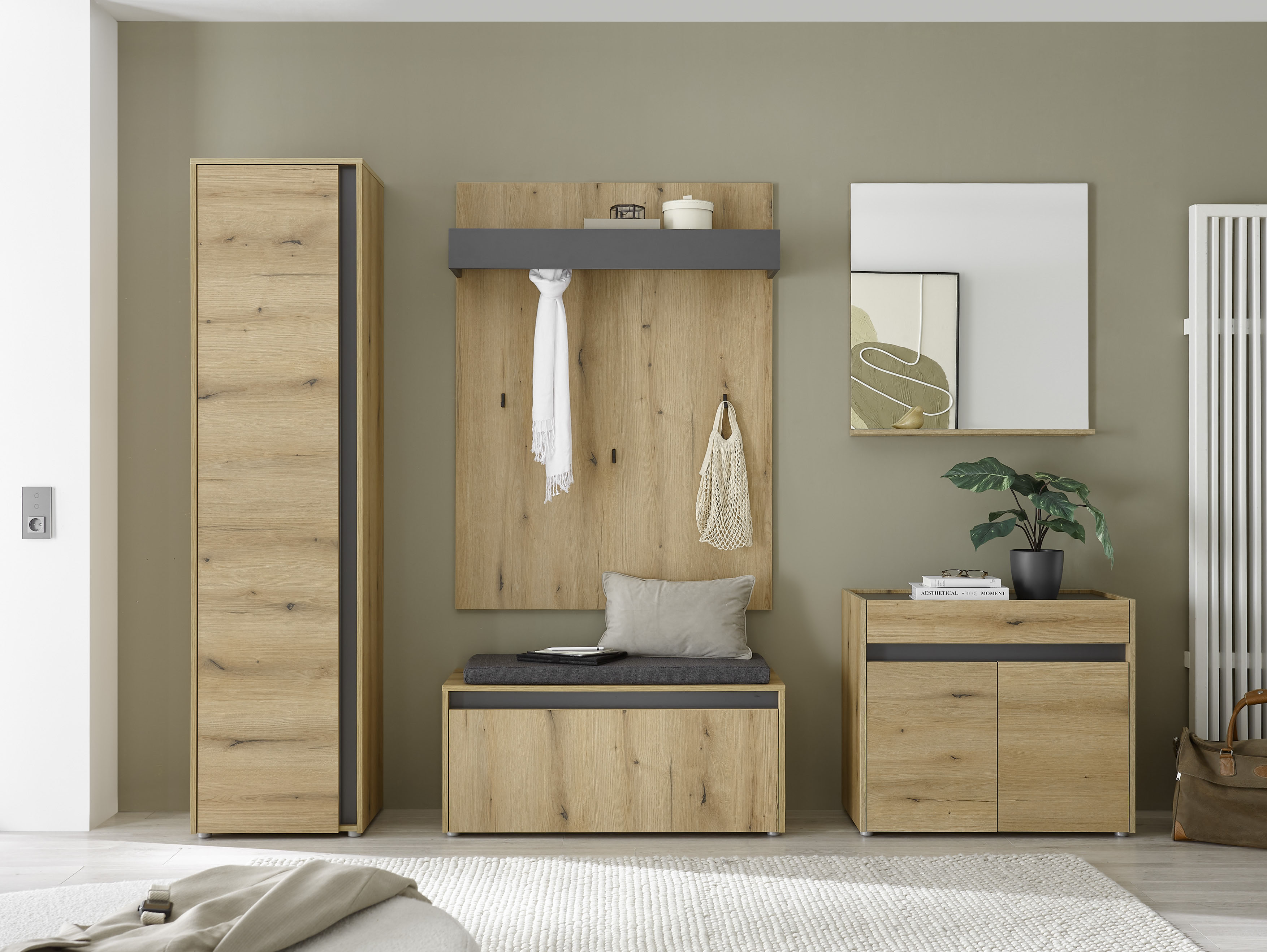 Garderoben-Set INOSIGN "GIRON/CiTY, moderne Garderobe, Komplettset mit viel Stauraum", eiche evoke, B:260cm H:200cm T:40cm, Holzwerkstoff, Kastenmöbel-Sets, enthält Schrank, Kommode, Spiegel, Paneel & Schuhbank +Sitzkissen