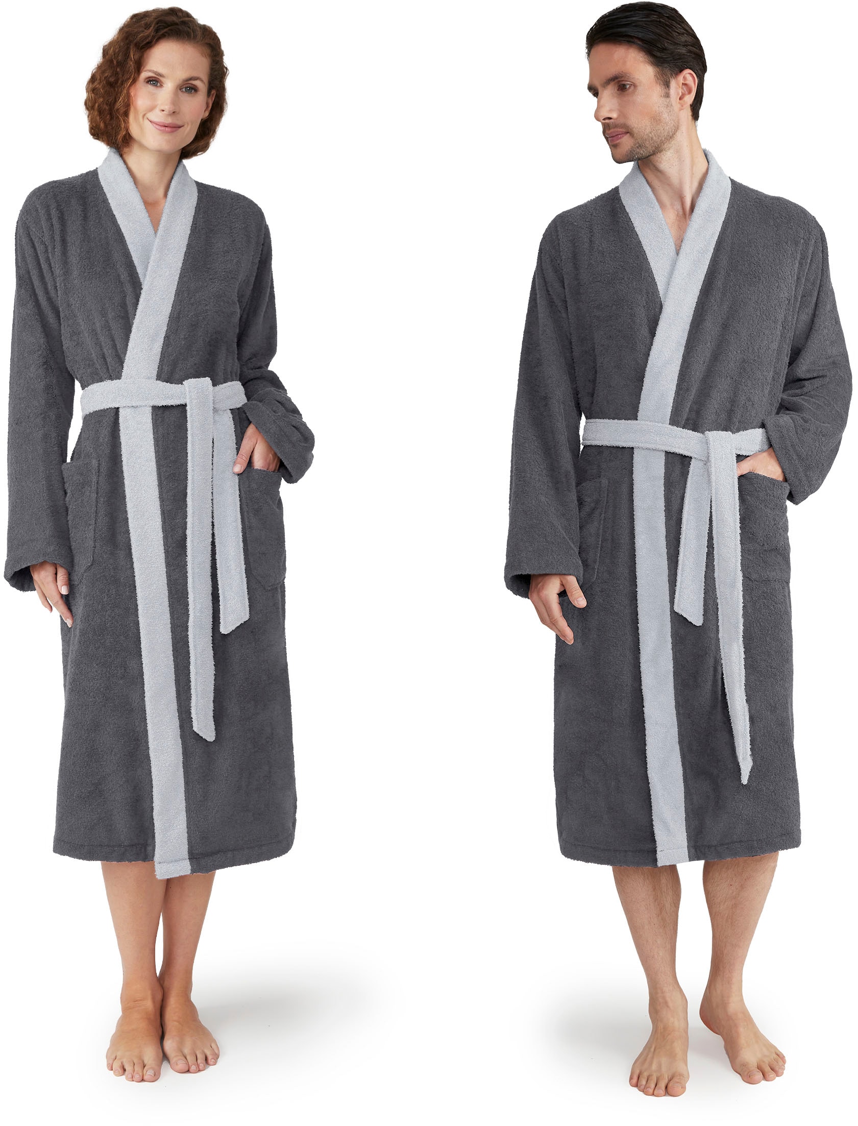Unisex-Bademantel MÖVE "Superwuschel Kimono mit Blende" Gr. XL, silber (stone, silber), L:130cm, Walkfrottier, Hausmäntel, ideal für Sauna & Spa, Hotelbademantel Image