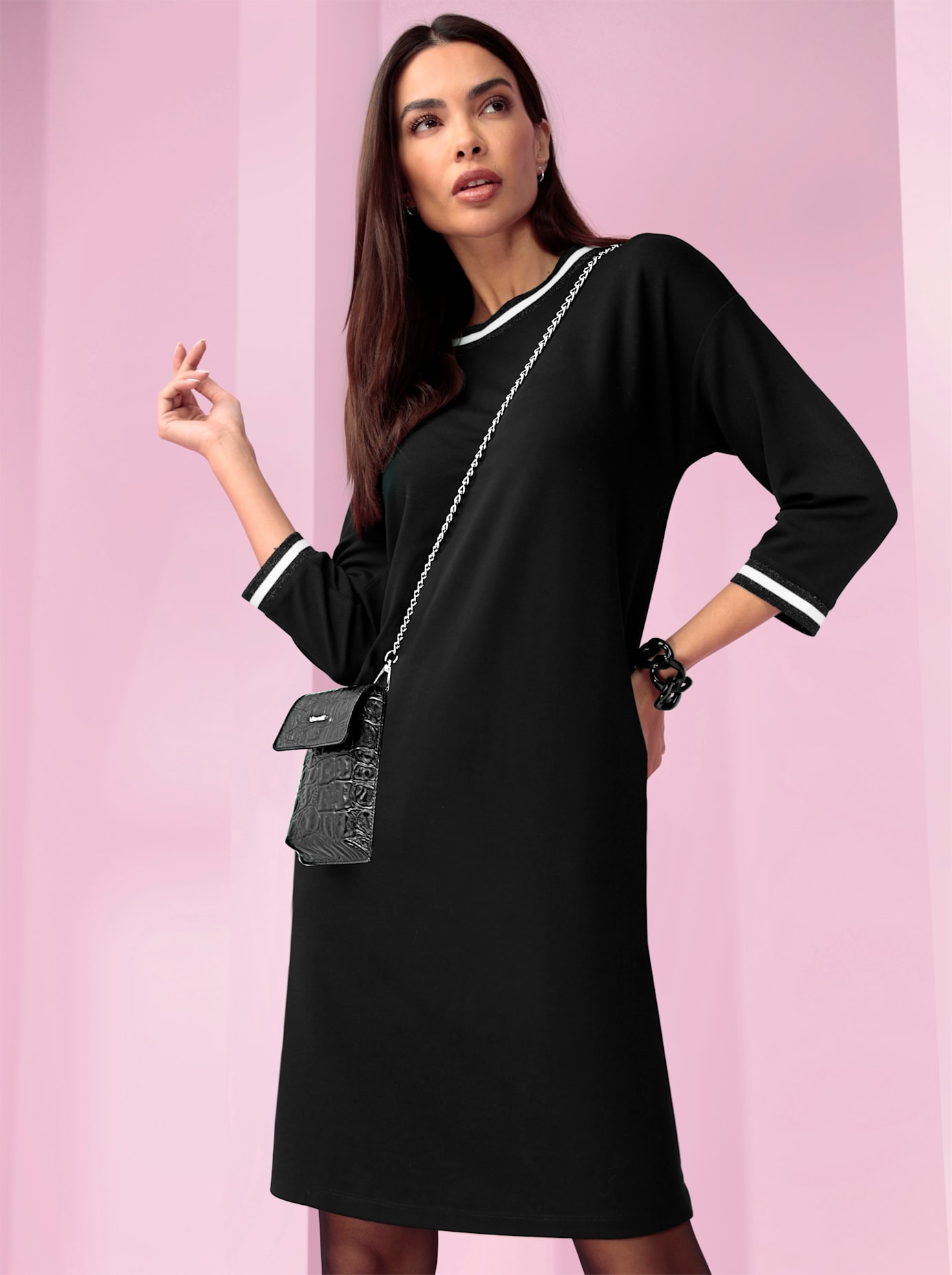 Jerseykleid HEINE "Sweatkleid", Damen, Gr. 50, Normalgrößen, schwarz, Jersey, 70% Viskose, 27% Polyester, 3% Elasthan, unifarben, kurz, Rundhals, Kleider Image