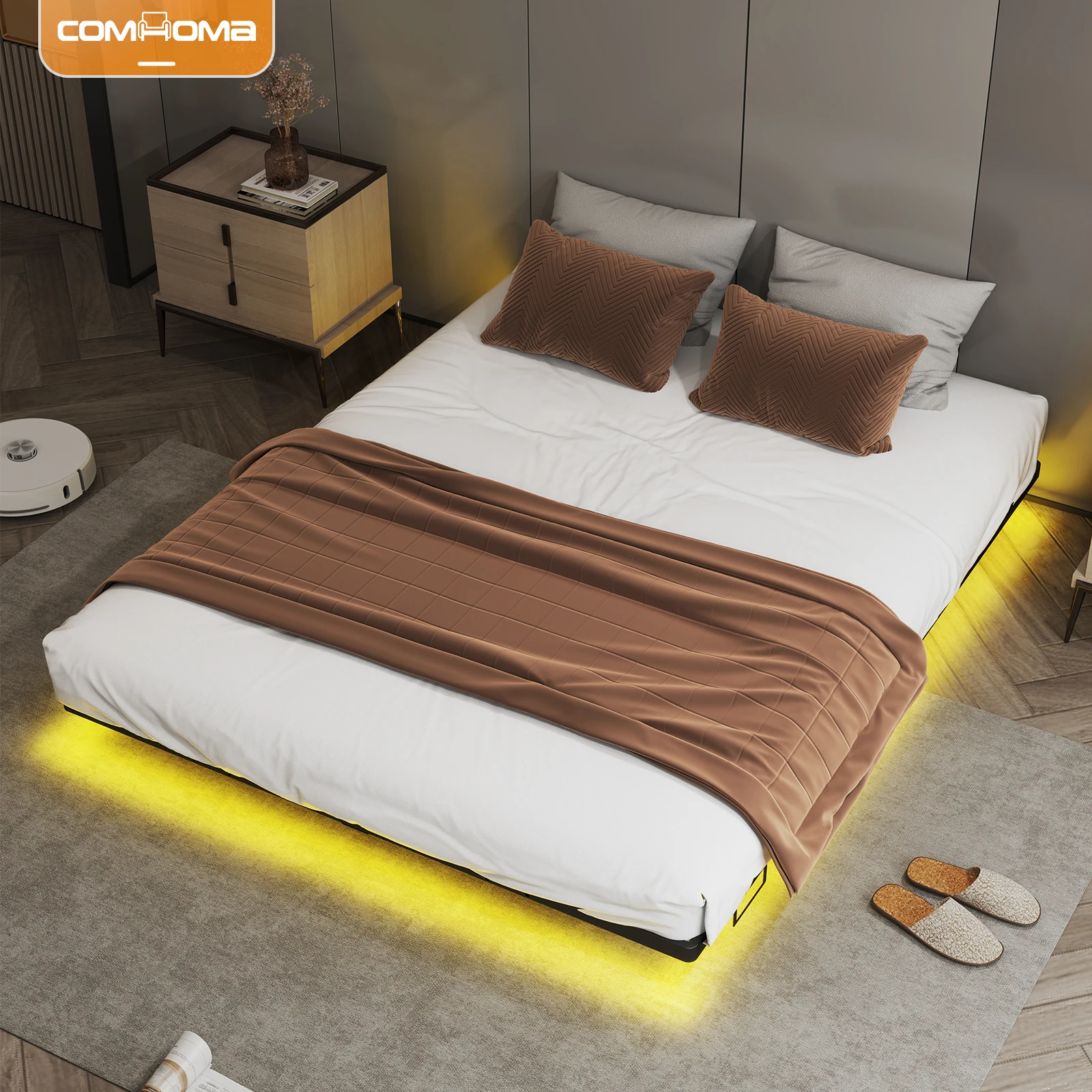 COMHOMA Bettrahmen Metallbett Gästebett Bettgestell aus Metall, mit LED & Steckdosen, Jugendbett 140x200, App & Fernbedienung