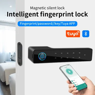 Tuya Smart Fingerprint Lock Matte Black Mute Rectangle Modern Aluminium Smartlife Digit Door Handle Locks Magnetic suction Lock