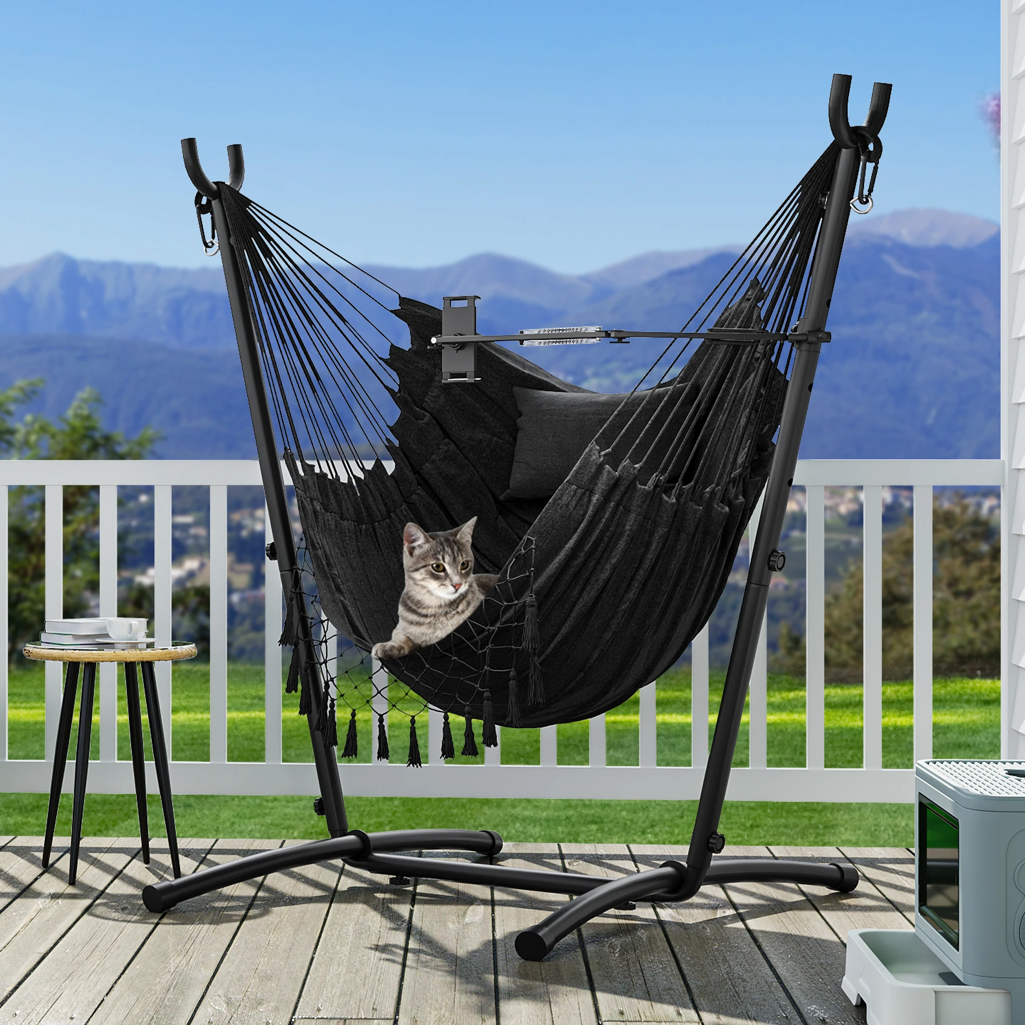 YITAHOME Hängematte mit Ständer – 158 x 110 x 140 cm, 150 kg Tragkraft | Telefonhalter mit Stahlrahmen, Swing und verstellbarem Telefonhalter (Dunkelgrau)