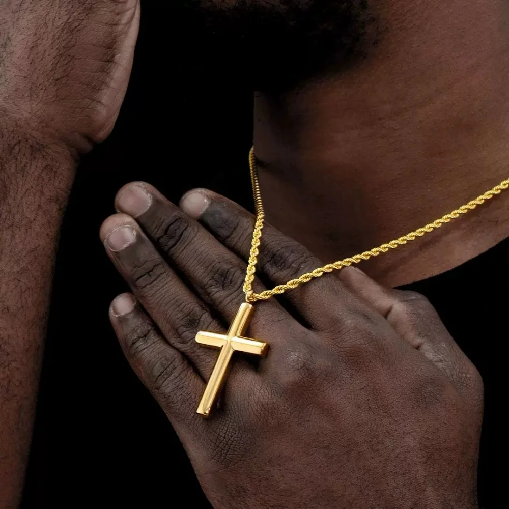 Retro Titanium Steel Twist Chain Necklace Gold Color Cross Stainless Steel Pendant Necklace For Men Fashion Jewelry Accessories