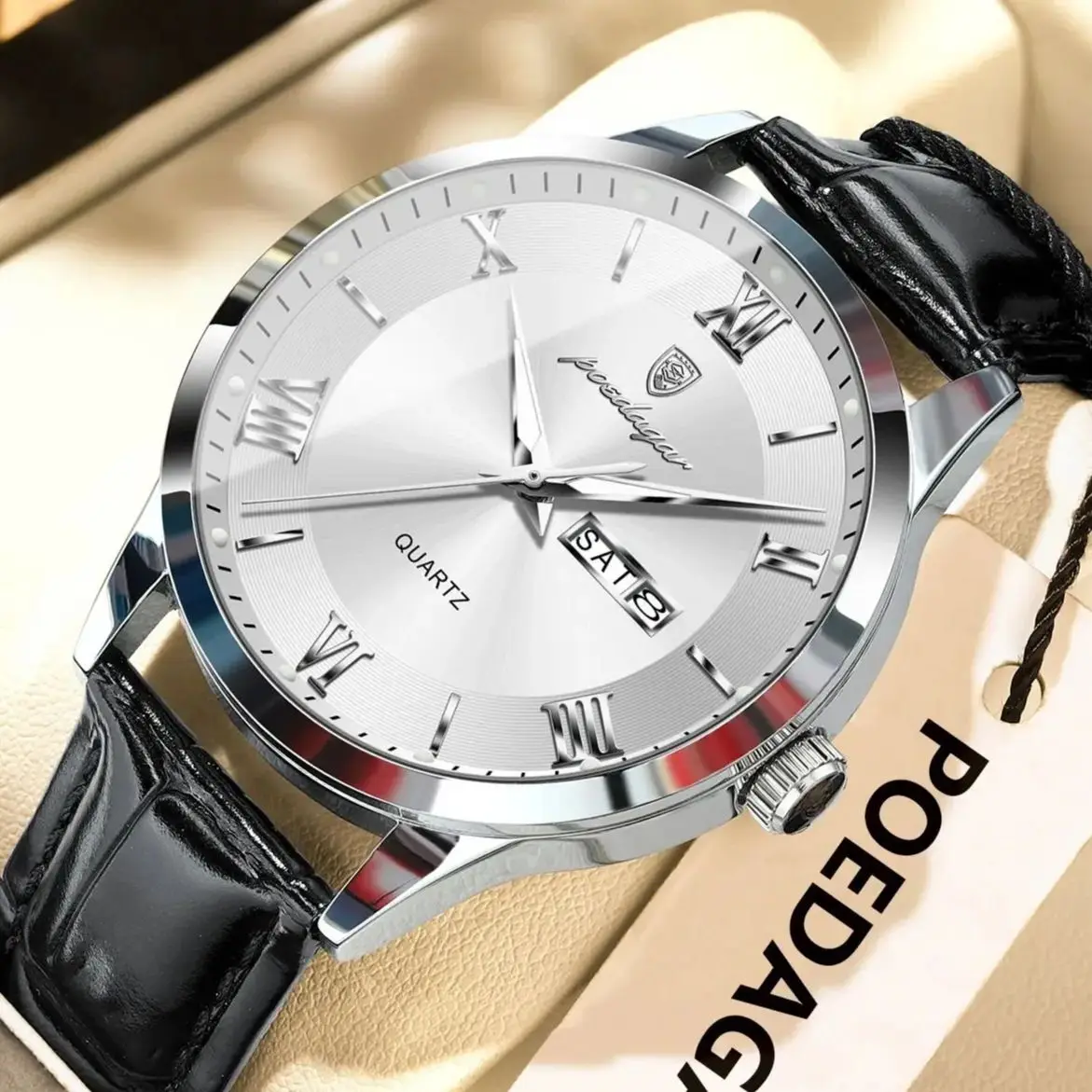 POEDAGAR Trendy Männer Uhr Leder Datum Woche Luxus Quarz Mann Armbanduhr Wasserdicht Leucht Business Casual männer Uhren Reloj Image