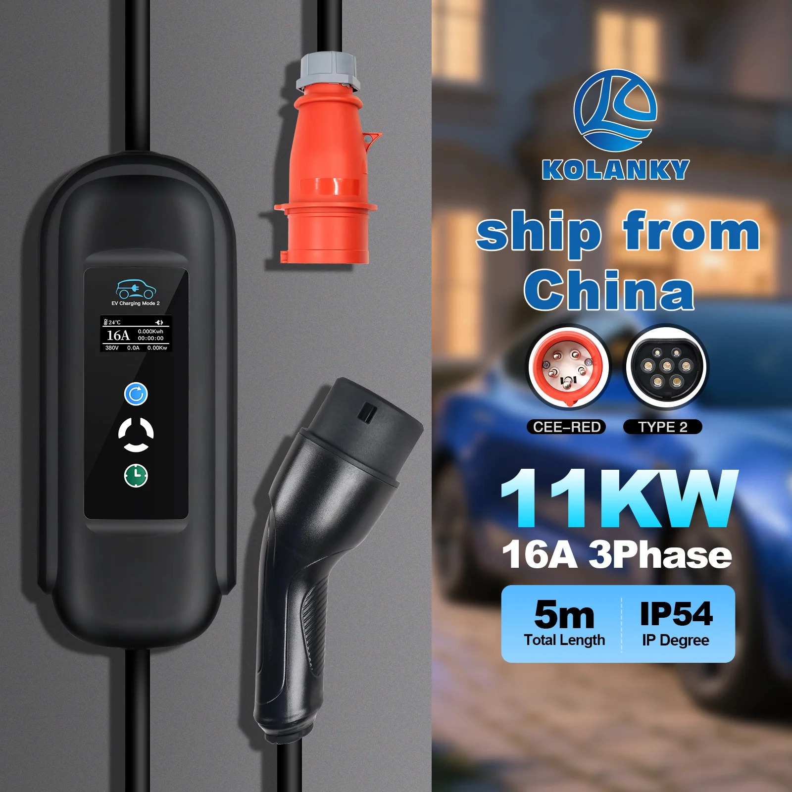 Kolanky Tragbares EV-Ladegerät, 16 A, 11 kW, Typ 2 Stecker, EV-Ladegerät, Wandbox, Timer, Heimladegerät, Elektrofahrzeug, Hybrid-Autos, Länge 5 m Image