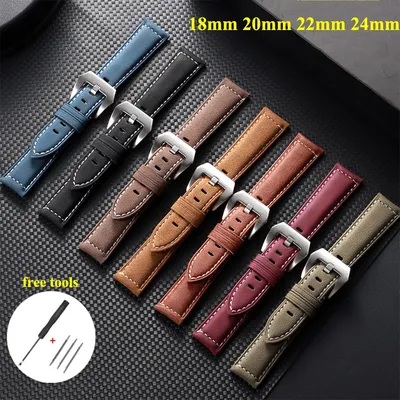 18 mm 20 mm 22 mm 24 mm hochwertiges Rindsleder-Uhrenarmband, weiches Material, Uhrenarmband mit silberner Edelstahl-Schnalle Image