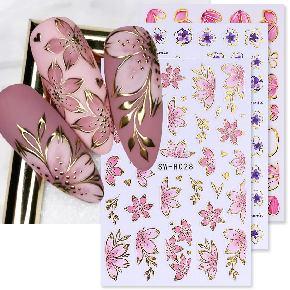 2/3 stücke Goldene Rosa Hibiskus Blume Nagel Aufkleber 3D Bronzing Grenze Blütenblätter Sakura Linie Sliders Nagel Aufkleber DIY maniküre Dekor Image