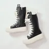 Frauen kniehohe Stiefel Pu Leder Jumbo Schnür plattform Motorrad Stiefel Luxus Freizeit schuhe Frühling Wohnungen schwarze Schuhe große Größe