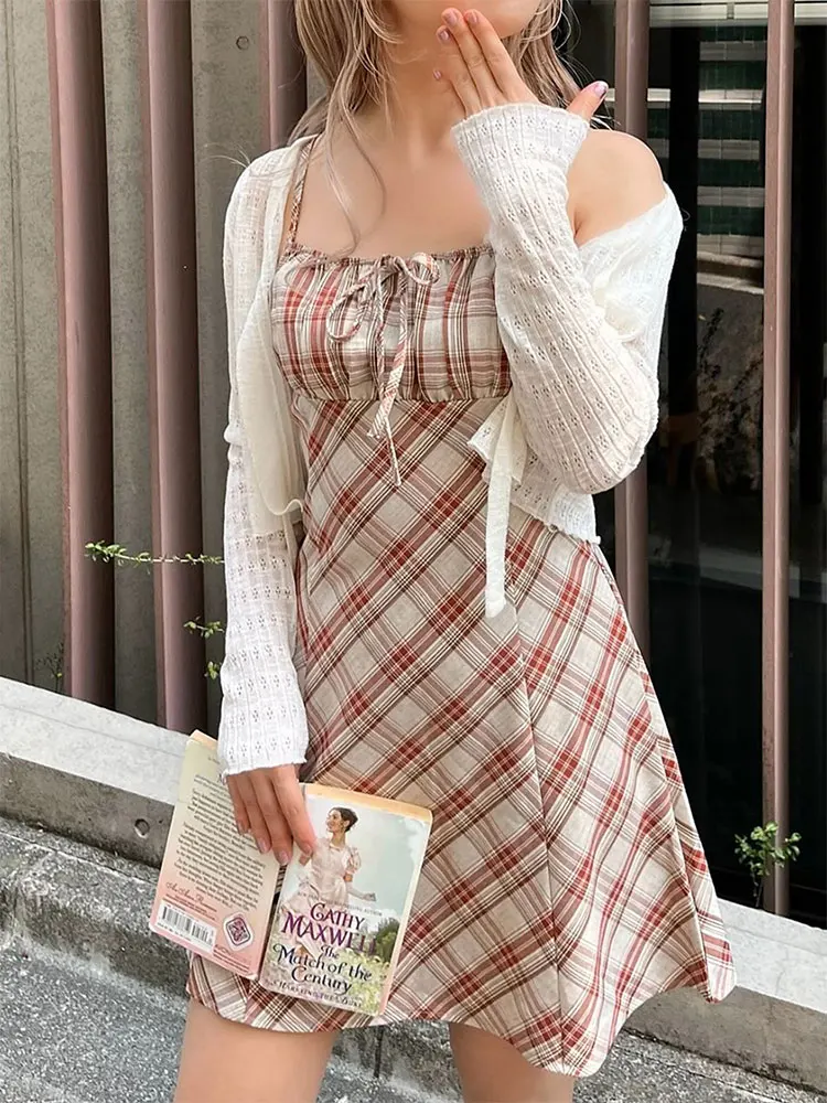 Frauen Sling Kleider Sommer Neue Streetwear Fashion Plaid Print Spitze-up Reißverschlüsse Kleid Weibliche Sexy Backless Gestrickte Kleid Kleidung Image