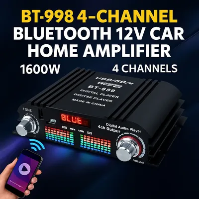 BT-998 4 Channel Bluetooth Amplifier 12V Car Home Audio Power Amp USB SD AUX FM LCD Display