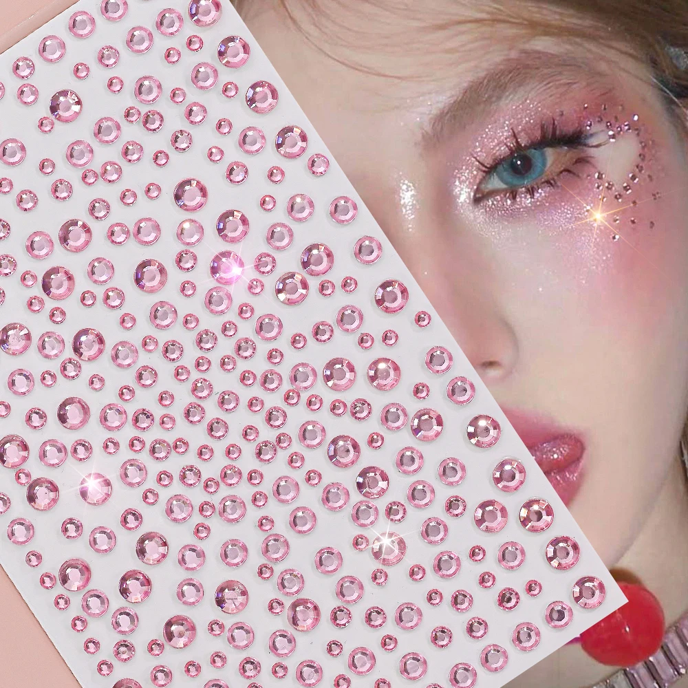 1 Blatt 3D zarte rosa Gesichts-Edelsteine zum Aufkleben mit Strass-Aufklebern, 14,5 x 9 cm, selbstklebende Edelsteine, Tattoos, Haar, Augen, Körper, Make-up, Dekor Image