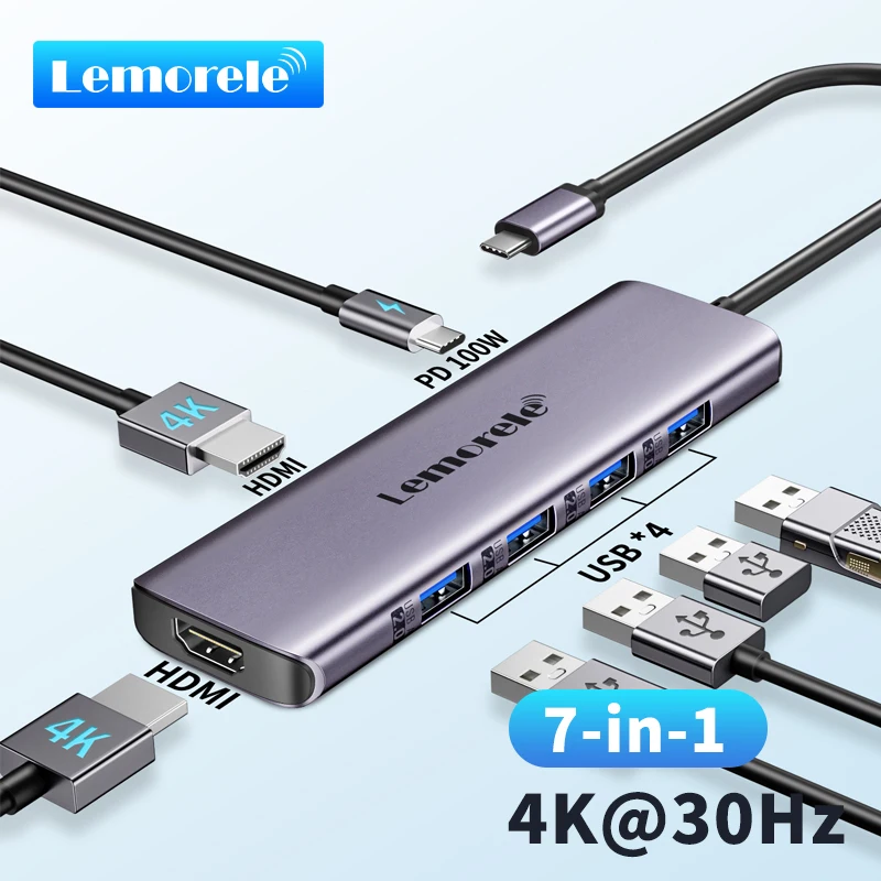 Lemorele TC66L 7-in-1 USB C Hub Dockingstation mit 4K HDMI 100W PD Multi Splitter Adapter für MacBook Windows iOS USB Typ C Image