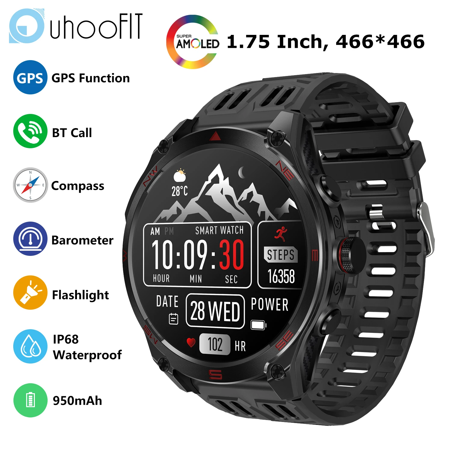 466*466 AMOLED Smart Uhr GPS Outdoor Sport Uhren LED Taschenlampe BT Anruf Kompass Barometer 950 mAh Gesundheit Monitor smartwatch