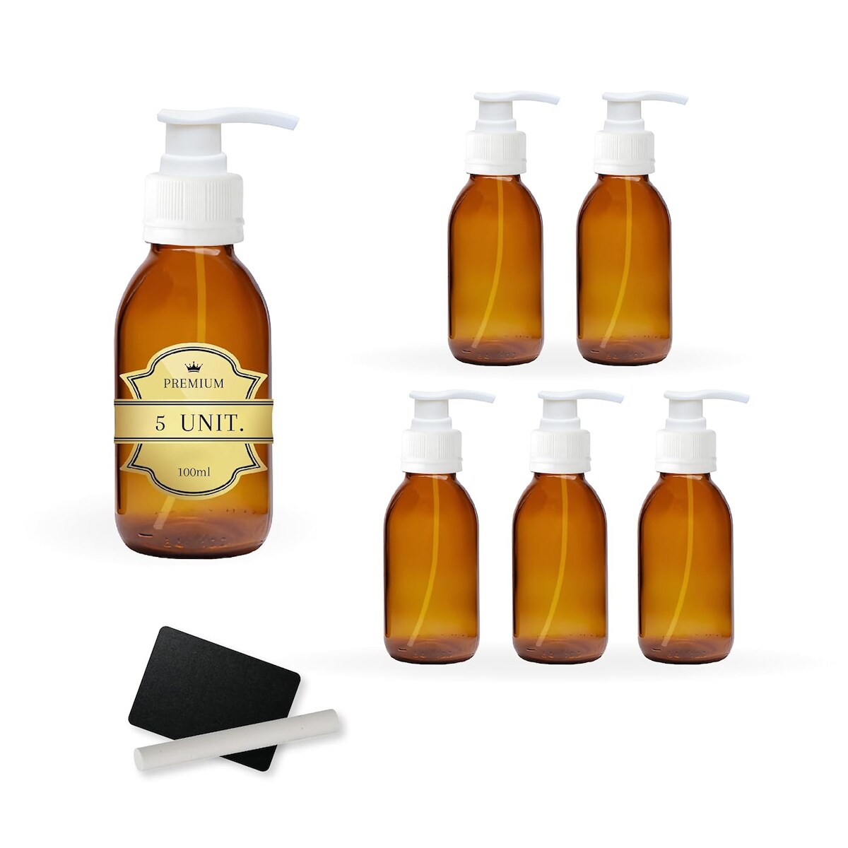 Espírito rebelde 5x Botella con Bomba Dosificadora de Vidrio Ámbar de 100 ml con Tapón de Bomba + 5 Pizarras y Tiza – Aceites Esenciales y Cosméticos Image