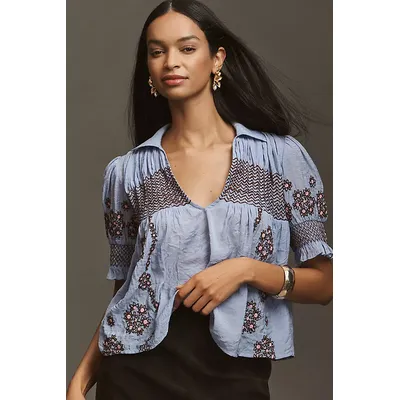 By Anthropologie Short-Sleeve Embroidered Swing Top