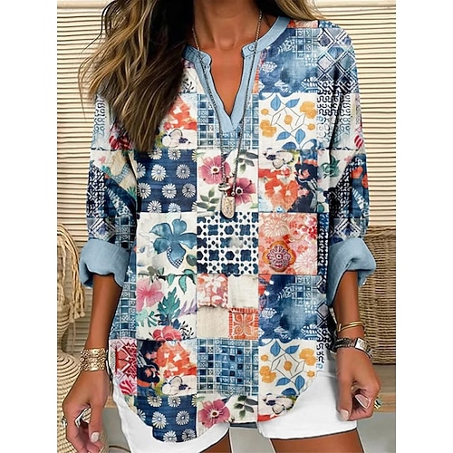 Damenbluse Leinenähnlich Atmungsaktive Leichte Tunika V-Ausschnitt Langarm Boho Legere Grafik Geometrisch Farbblock Elegant Bohemia Vintage Täglicher Trage Druck Denim Blau Image