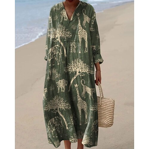 Damen Midikleid Freizeitkleid Druckkleid Mode Modern Täglich Strand Wochenende Normale Passform Blumen Langarm V Ausschnitt Schwarz Gelb Grün Frühling Herbst Image