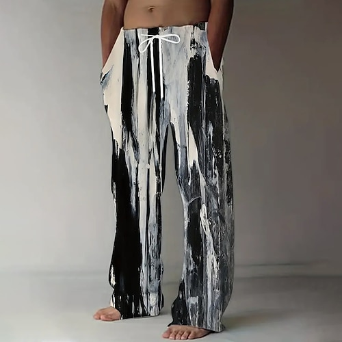 Herren Abstrakt Farbverlauf Hose Baggy-Hosen Freizeithose Mittlere Taille Lässig Outdoor Urlaub Elastischer Kordelzug in der Taille Leinenähnliche Hose mit Taschen Frühling Herbst 3D-Druck Schwarz Image