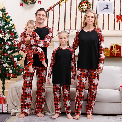 Familie Schlafanzug Karomuster Weihnachtsmuster Heim Druck Schwarz Dunkelrot Wein Langarm Aktiv Passende Outfits Image