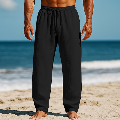 Herren Leinenhosen Hose Sommerhose Baggy-Hosen Strandhose Kordelzug Elastischer Bund Gerader Schnitt Einfach Komfort Atmungsaktiv Volle Länge Lässig Täglich Ferien Urlaub Mode Blau 1# Schwarz Image