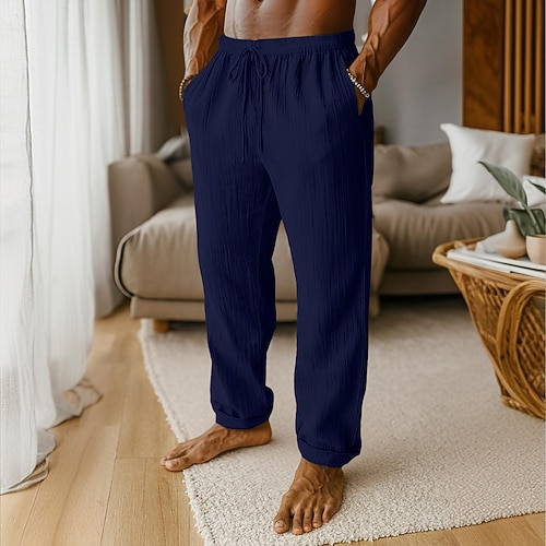 Herren Leinenhosen Hose Baggy-Hosen Strandhose Kordelzug Tasche Einfach Komfort Atmungsaktiv Volle Länge Täglich Urlaub Stilvoll Schwarz Weiß Unelastisch Image