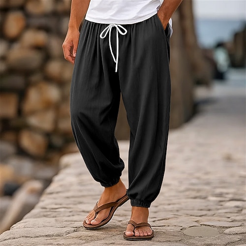 Herren Leinenhosen Hose Sommerhose Jogginghose Elastischer Bund Gerader Schnitt Hohe Taille Einfarbig Einfach Komfort Atmungsaktiv Volle Länge Hochzeit Ferien Urlaub Mode Schwarz Weiß Hohe Taille Image