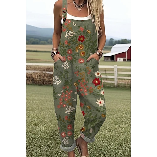 Damen Latzhose Aktiv Blumen Ärmellos Ärmellos Gerade Quadrathals Tasche mit Tasche Täglich Strand Lässiger Schnitt Weiß Rosa Purpur Sommer Image
