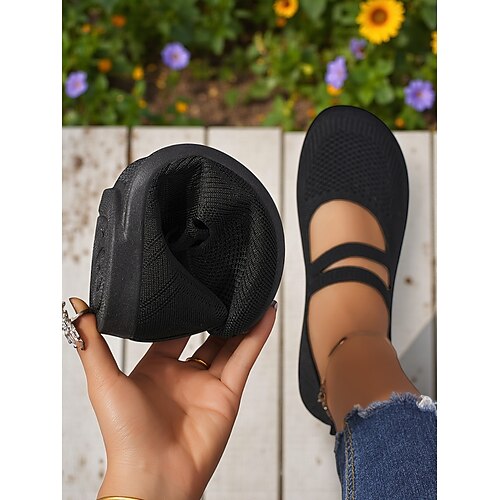 Weite rote Flyknit-Mary-Jane-Ballerinas für Damen – atmungsaktive, bequeme Schuhe mit runder Spitze für Weihnachten, Garten und Reisen Image