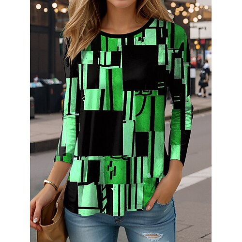 Damen T-Shirt Langarm Grafik Geometrisch Vintage Stilvoll Lässig Langarm Rundhals Reguläre Oberteile Täglicher Druck Rot Blau Lila Grün Khaki Frühling Herbst Vorherbst Image