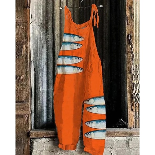 Damen Overall Urlaub Vintage Ethno-Stil Volle Länge Mittlere Taille Tiermotiv Fisch Atmungsaktivität Leicht Weich Unelastisch Lässig Täglich Ferien Schwarz Weiß Marineblau Orange Sommer Frühling Image