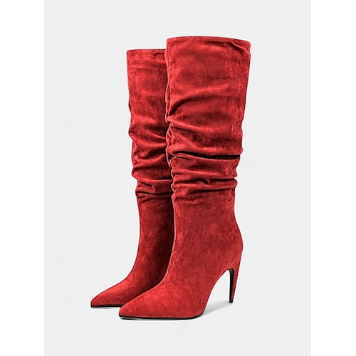 Kniehohe Damenstiefel aus grünem Samt mit spitzer Zehenpartie und Stilettoabsatz für Partys und Abende glamouröse Urlaubslooks Image