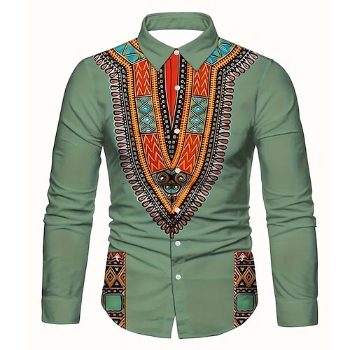 Herren Ethik / Afrikanisch Kente Hemd Knopfhemd Lässiges Hemd Langarm Vintage-Retro Urlaub Täglich Streetwear Sommer Frühling Umlegekragen 3D-Druck Hemden mit Kragen Grün Beige Image
