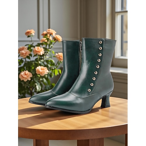 Damenstiefeletten mit Knöpfen im edwardianischen und viktorianischen Stil – zweifarbige Stiefeletten aus Leder mit Retro-Absatz für Kostümveranstaltungen, Vintage-Partys und historische Mode der Image