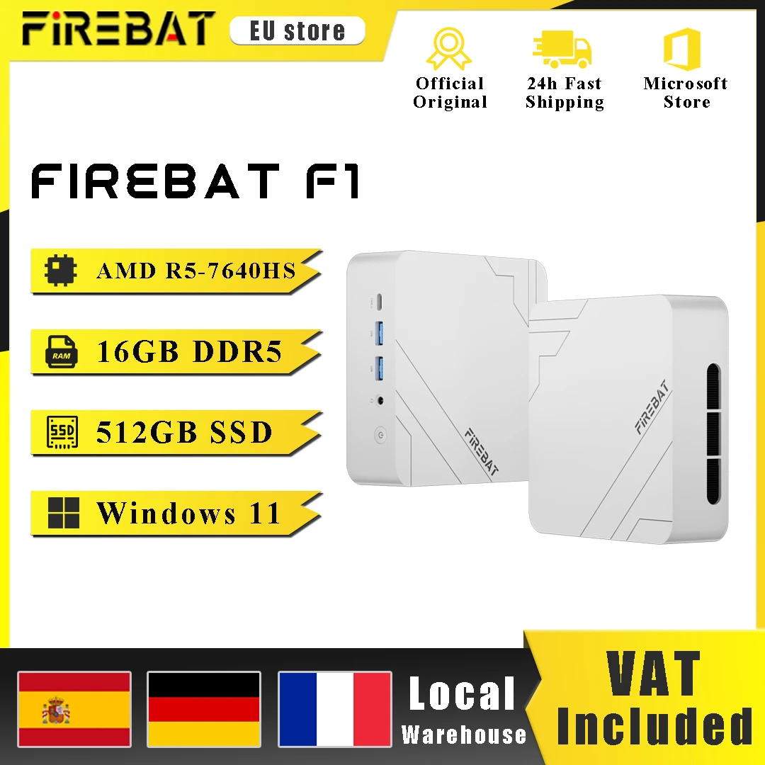 Firebat F1 Mini-PC AMD Ryzen 5 7640HS 12GB 16GB DDR5 512GB SSD Windows 11 Wi-Fi 6 BT5.2 USB4.0 Gaming-Desktop Mini-Computer