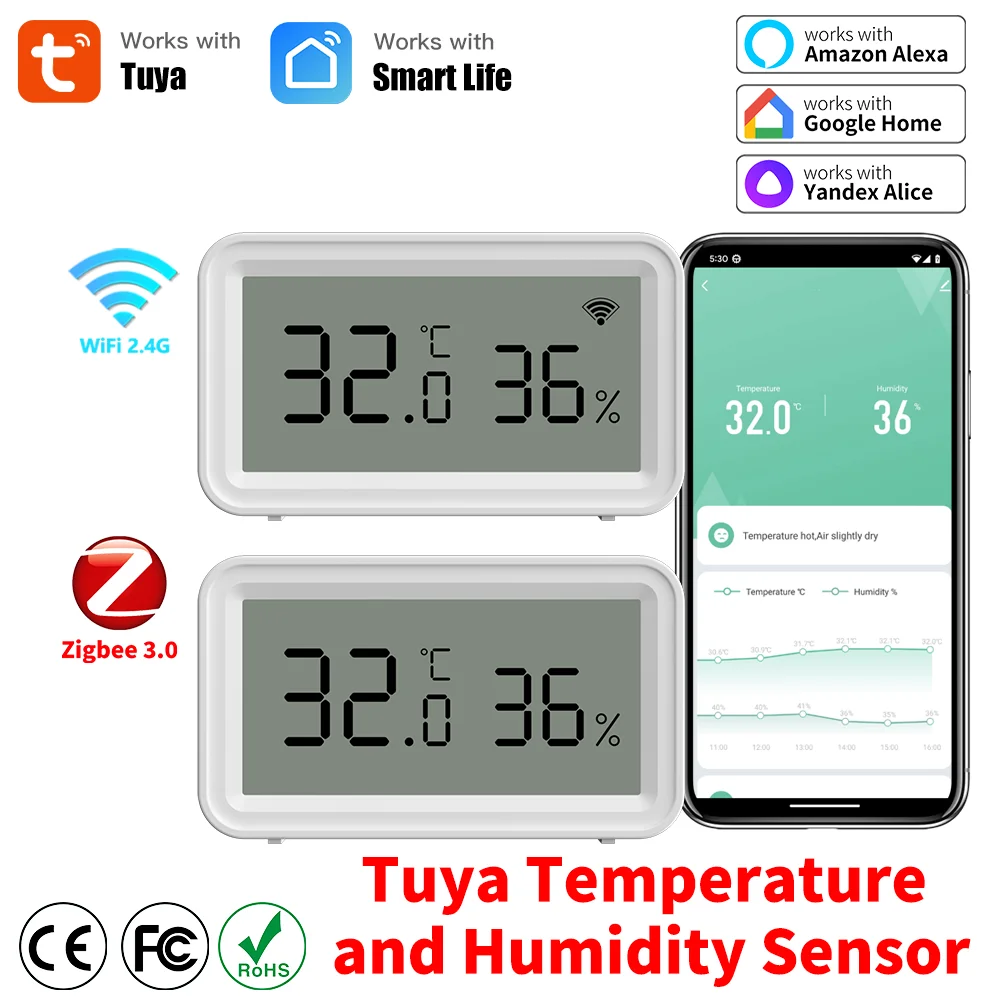 Tuya Wifi/Zigbee Temperatur Feuchtigkeit Sensor Smart Hygrometer Thermometer Überwachung Home APP Arbeit mit Google Assistent Alexa Image