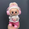 17 cm Labubu-Outfits für 1–3 Gen-Puppen, süßes weißes T-Shirt + rosa Cargohose + Kopfhörer und Schuhe, Set Labubu sitzende Partykleidung