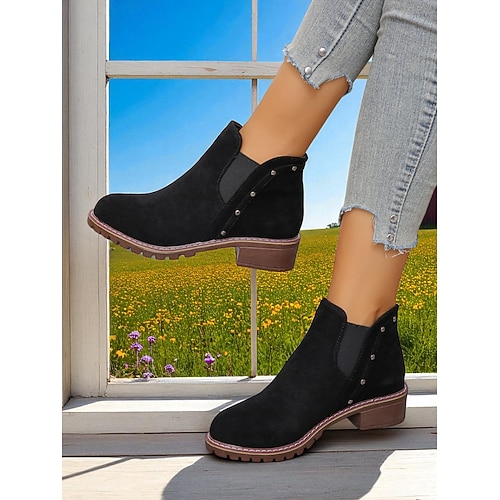 Chelsea-Stiefeletten mit dickem Absatz für Damen – Stiefeletten mit runder Spitze und Nietendetails für Herbstmode, Bauernhofbesuche und Spaziergänge im Freien Image
