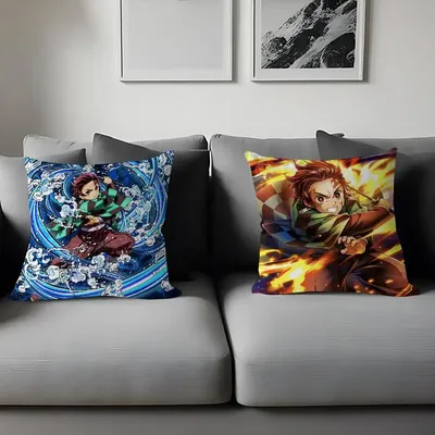 Anime Dämon Slayer Kamado Tanjirou Kissen Abdeckung Auto Wurf Kissen Fall Für Sofa Auto Weihnachten Geschenk 40x40cm 45x45cm Image