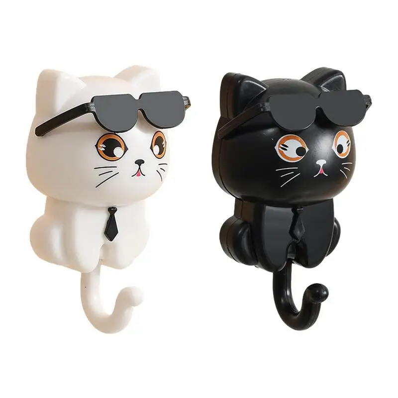 Cartoon-Katzen-Haken, Aufkleber, Kleiderhaken, Katzen-Schlüsselhalter, niedlicher Katzen-Schlüsselhaken mit Sonnenbrille, selbstklebende Kleiderhaken, Schlüsselhalter für die Wand