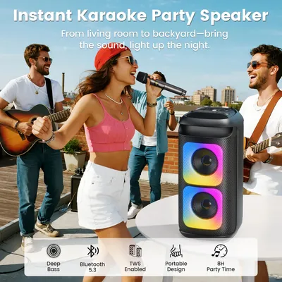 T37 Hochleistungslautsprecher für den Außenbereich, Basslautsprecher, großer Bluetooth-Karaoke-Ok-Lautsprecher mit 2 kabellosen Mikrofonen, Partylichter Image